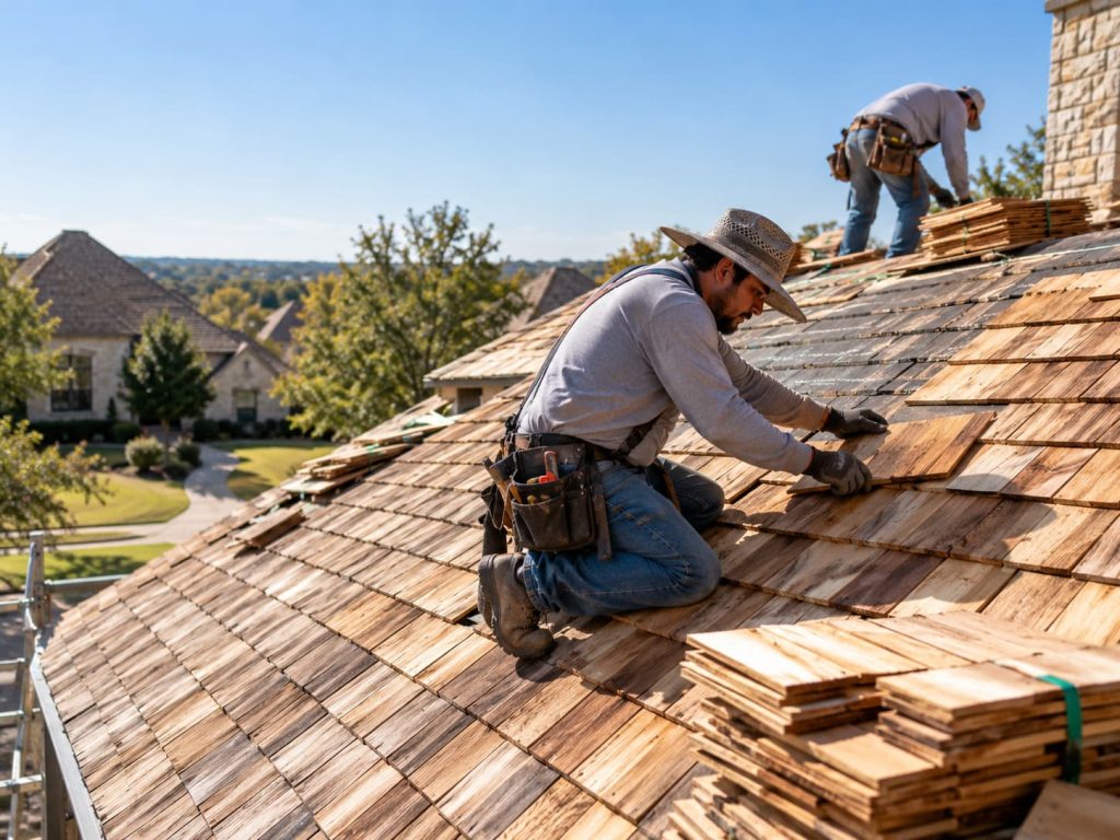 Roofers replacing cedar shingles on a residential roof in Dallas–Fort Worth, Texas